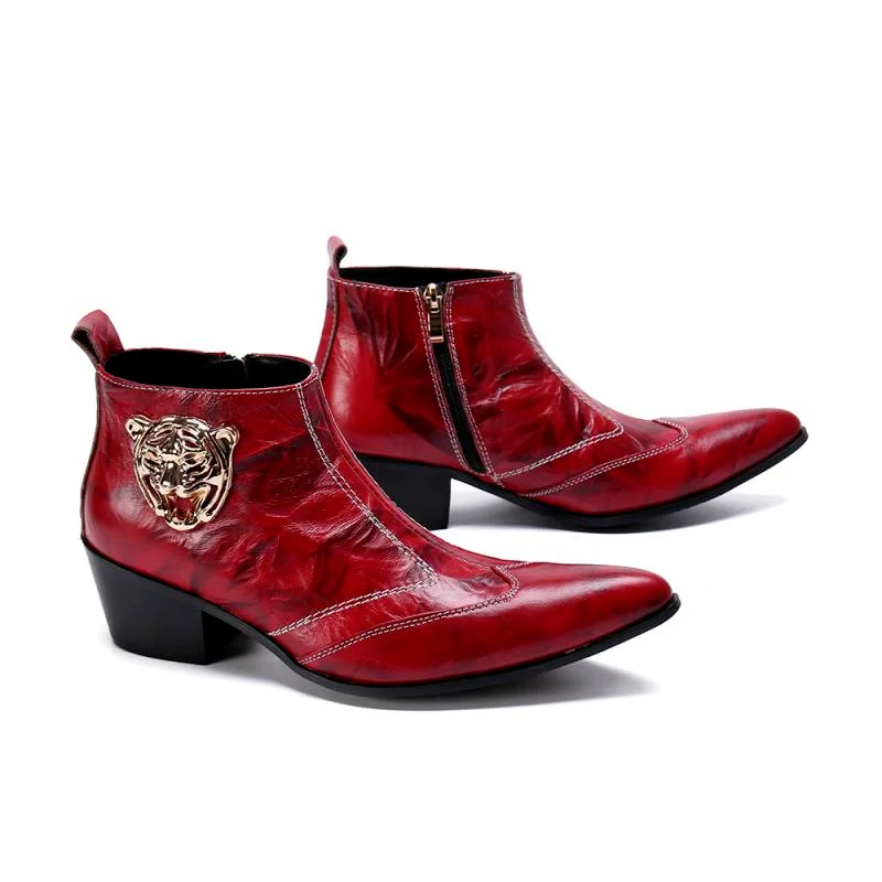 Женские мужские ботильоны из мягкой кожи с острым металлическим носком красные