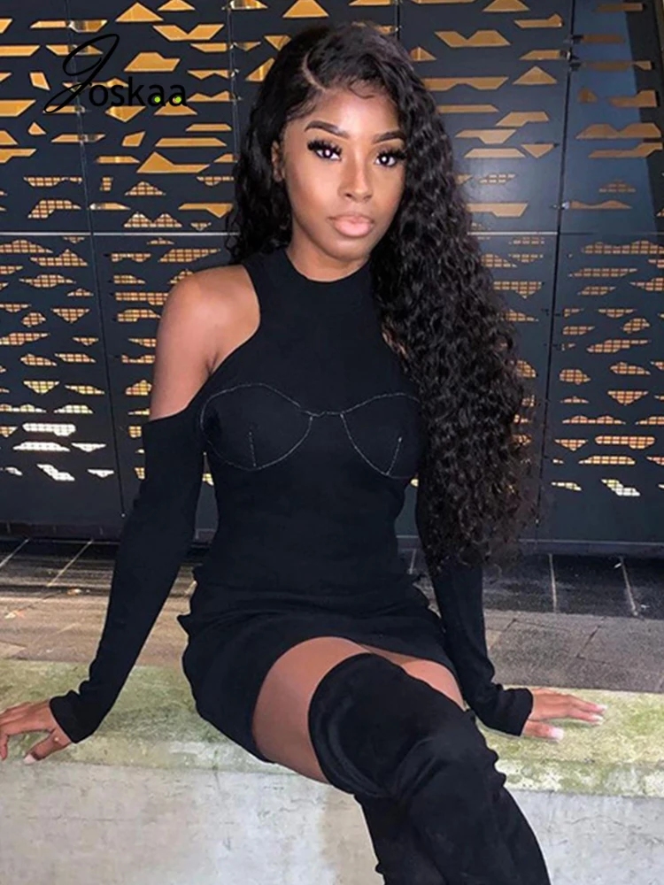 

Joskaa Off Shoulder Black Sexy Evening Club Mini Dresses O Neck Long Sleeve Bodycon Slim Dress 2021 Women Streetwear Vestidos