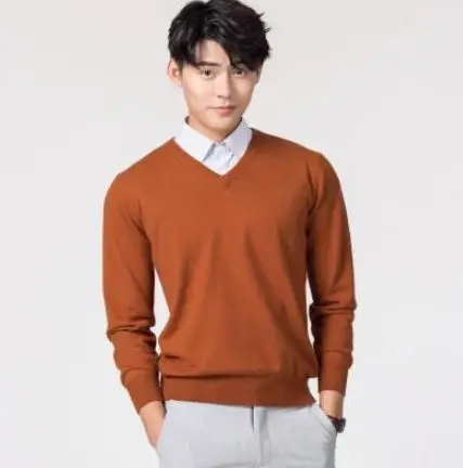 caramel v-neck Осень-зима, кашемировый хлопковый мужской свитер, трикотажное платье-свитер, hombre pull homme Hiver, пуловер, мужские вязаные свитера J697 - Цвет: caramel v-neck