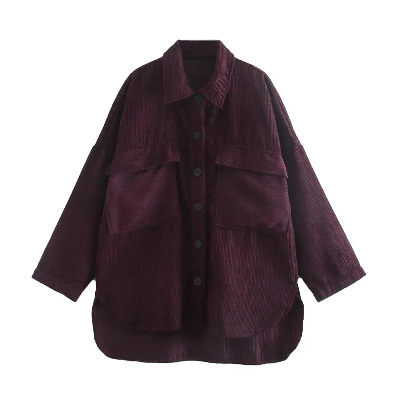 

Women New Retro Loose Chest Pocket Shirt Jacket Female Pure Color Simple Lapel Long Sleeve Coat Chic Top