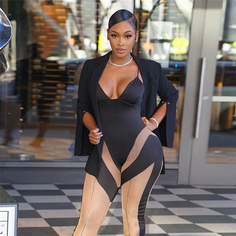 

WJFZQM Fashion Mesh See Through Patchwork Black Jumpsuits Women Sexy One Piece Club Outfits For Women Backless Bodycon Jumpsuit