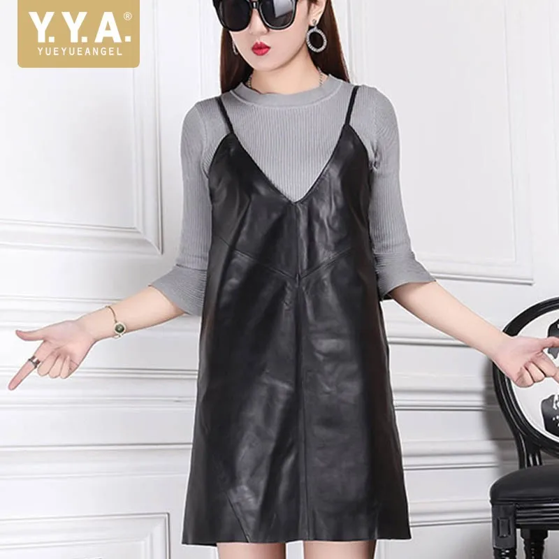 

Vestidos Women 2021 Sexy New Sleeveless Dresses V-Neck Fashion Genuine Leather Robe Femme Harness Strap Dress Female Plus Size