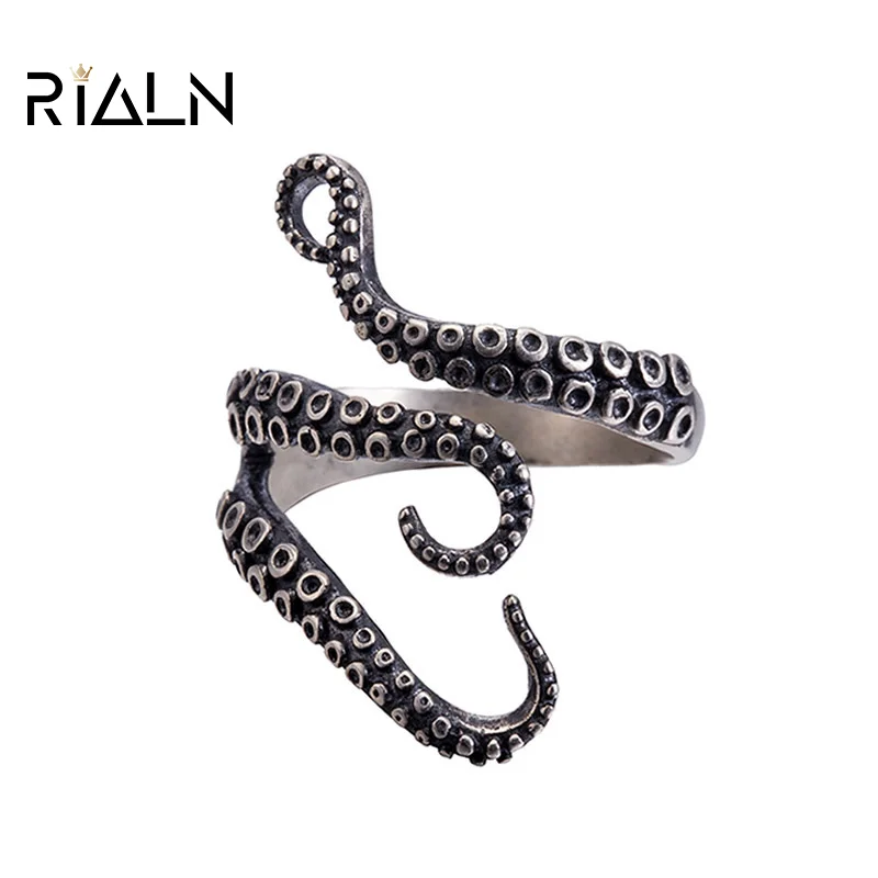 

RIALN Cool punk new octopus ring stainless steel titanium steel adjustable men and women the same ring animal jewelry