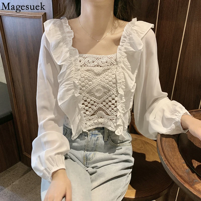 

Spring Casual Elegant Lace Blouse Ruffle Patchwork Crochet Hollow White Shirt Square Neck Blouse Long Sleeve Sexy Crop Top 17273
