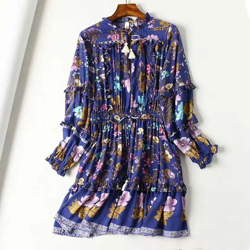 Женское платье в стиле бохо темно-синее с длинным рукавом цветочным принтом