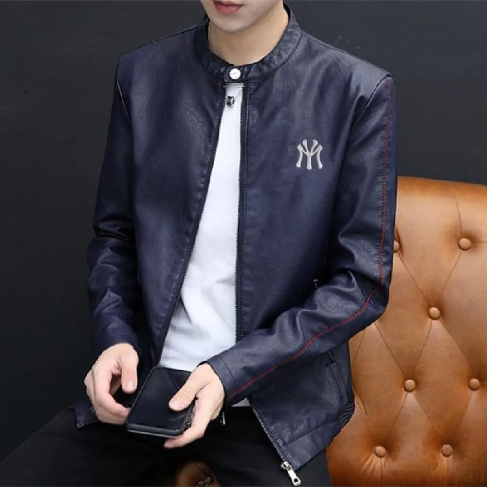 

Новая куртка из искусственной кожи на весну и осень, приталенная модная трендовая маленькая куртка с воротником-стойкой, Мужская Красивая м...