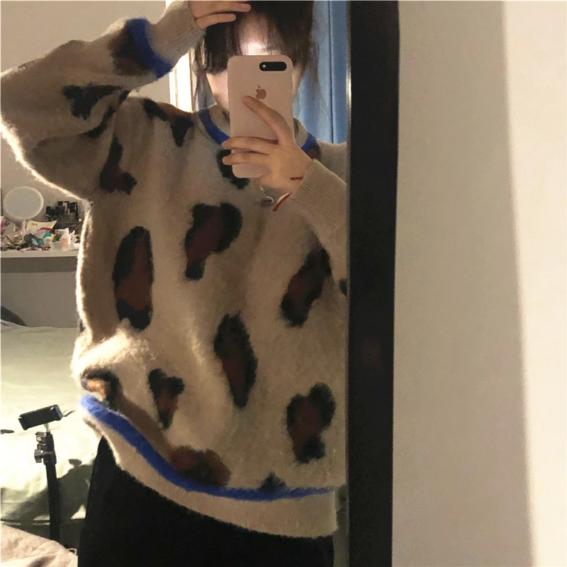 

2021 Autumn Winter Clothing Ladies Long Sweater Fashion Womens Loose Pullovers And Sweaters Leopard Print Knitted Sweater