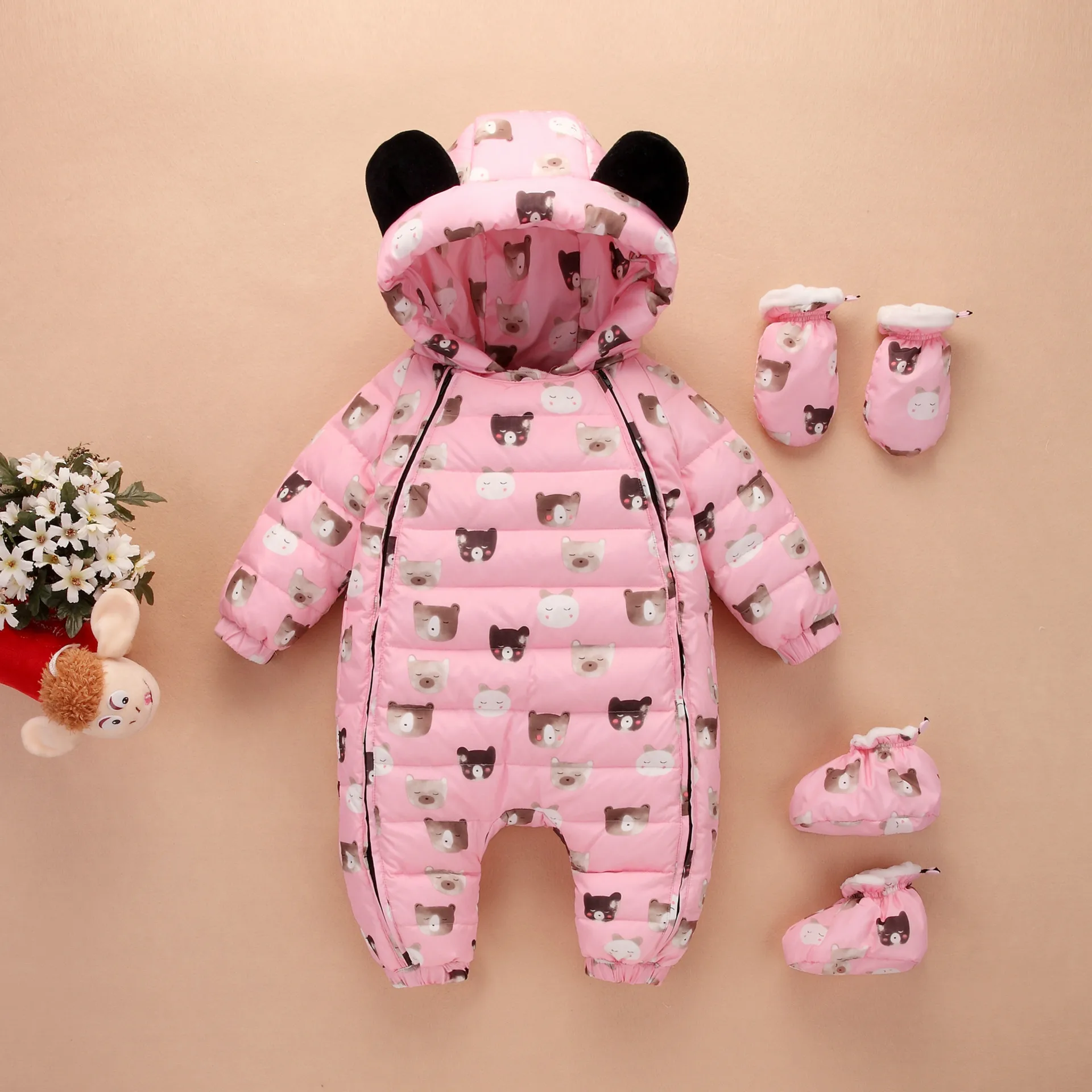 pink Комбинезоны с пальто одежда для малышей теплый детский зимний комбинезон на утином пуху, утепленный комбинезон для маленьких мальчиков и девочек, зимняя одежда для новорожденных, Размер 1 до 2 лет - Цвет: pink