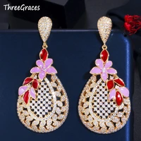 threegraces 2020 new luxury cubic zirconia ethnic long hollow out red enamel flower leaf dangle earrings jewelry for women er494