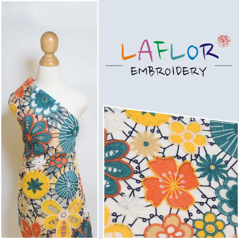 

Embroidery lace fabric multi-color flat embroidery fabric for women's dress