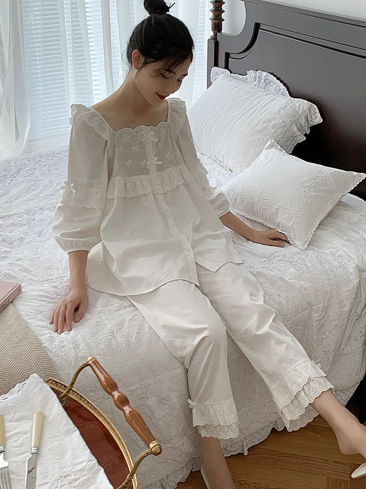 

Harajpee Court Princess Style Nightgown Women Autumn Kawaii Sweet Girl Student Pure Cotton Long Sleeve Sleepwear Summer Homewear
