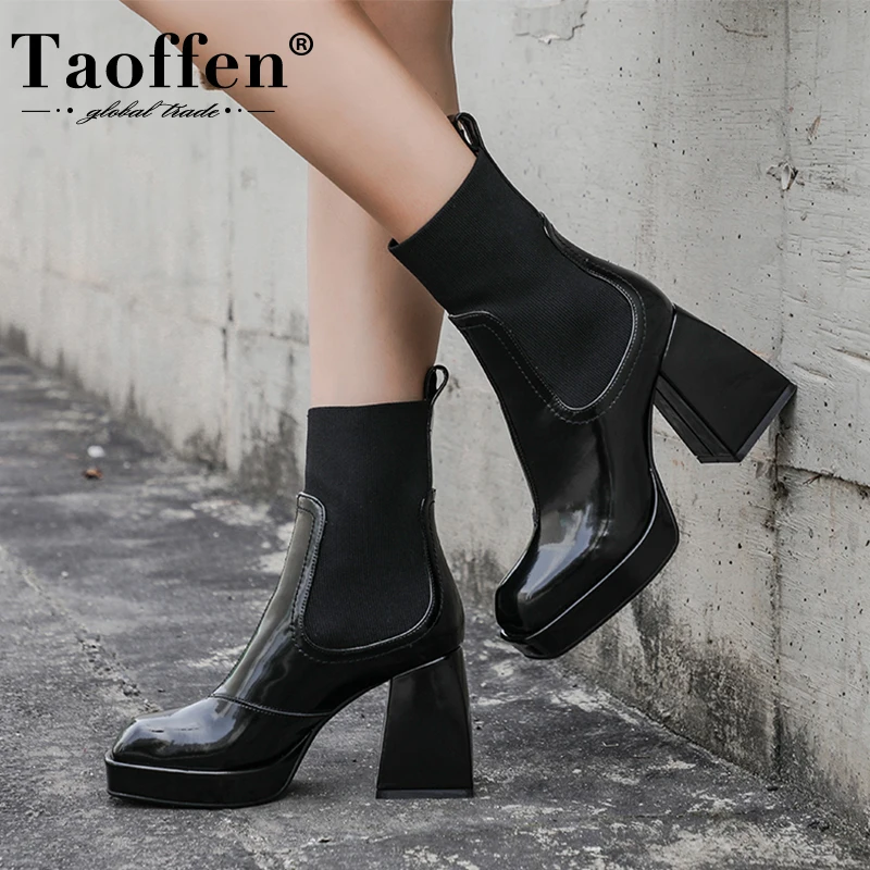 

Taoffen Fashion Genuine Leather Boots Women Ankle Boots Thick High Heels Square Toe Winter Warm For Women Boots Size 33-40