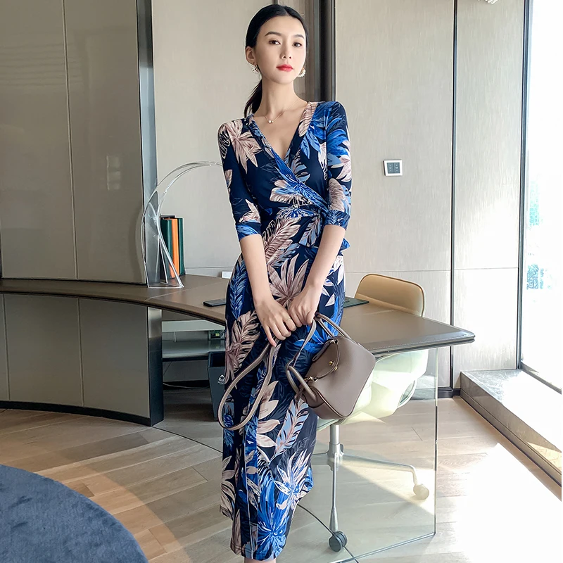 

High qualitay Wrap dress for women Slim V Neck Floral Print Boho Vacation Beach long Dress Summer 2021