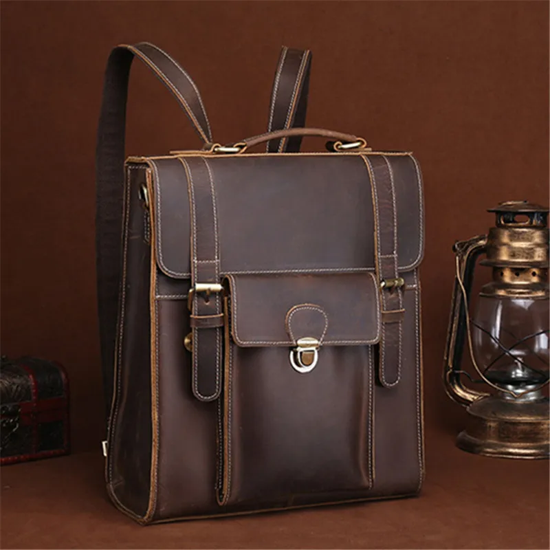

Vintage Leather Backpack men's British A4 magazine schoolbag multifunctional travel Leather Backpack