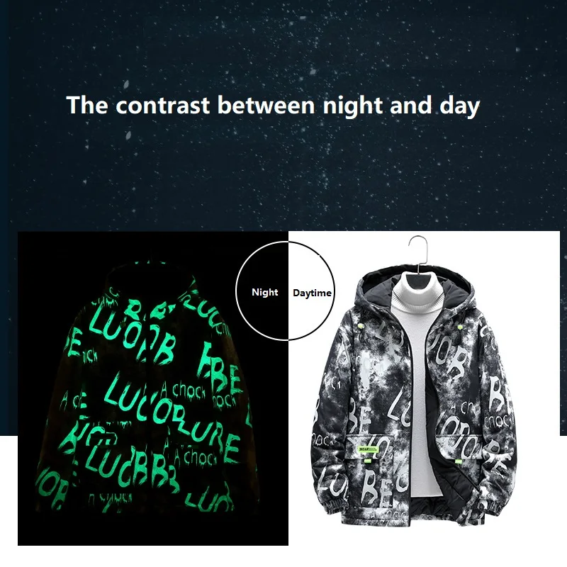 Men's Fashion Fluorescent Letters Print Hooded Cotton Jacket  New Youth Large Size Workwear Jacket Men Winter Coats Streetwear