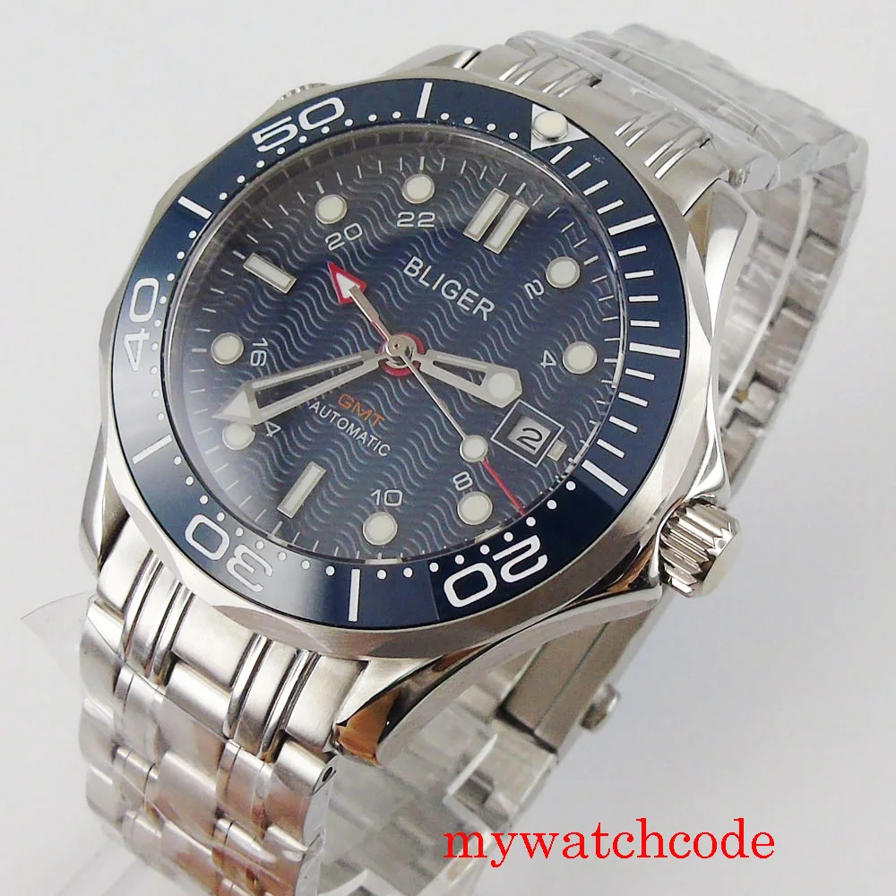 

BLIGER 41mm Mechanical Automatic Men's Watch Sapphire Glass Auto Date GMT Function Mental Strap