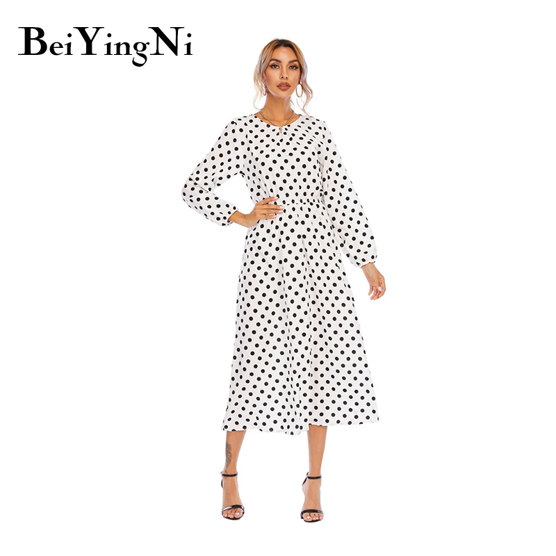 

Beiyingni Dress Womens O-neck Chiffon Long Sleeve Elastic Waist Dot Printed White Basic White OL A-line Midi Dresses 2022 Summer