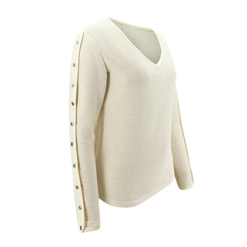

T Shirt Women Pullovers Solid Long Sleeve Top V Neck Side Buttons Shirt Ladies Top Autumn Casual Loose T Shirt Female