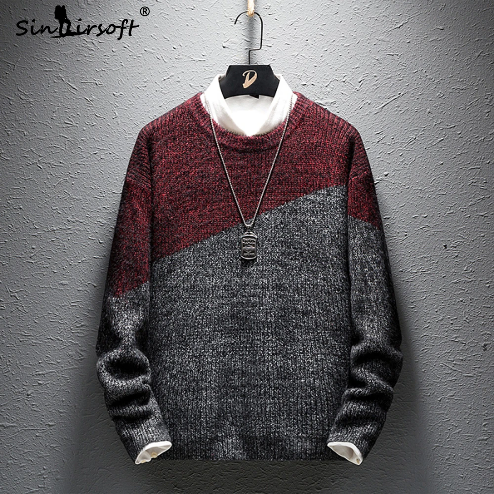 Пуловер с круглым вырезом в консервативном стиле мужской вязаный свитер пэчворк