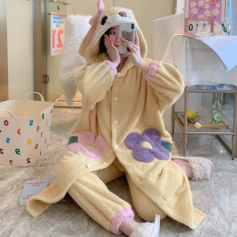 2 Piece Pajama Set Women Cute Korean Pajamas Plush Hooded Flannel Pajamas Woman Winter Badjas Dames Schlafanzug Home Clothes