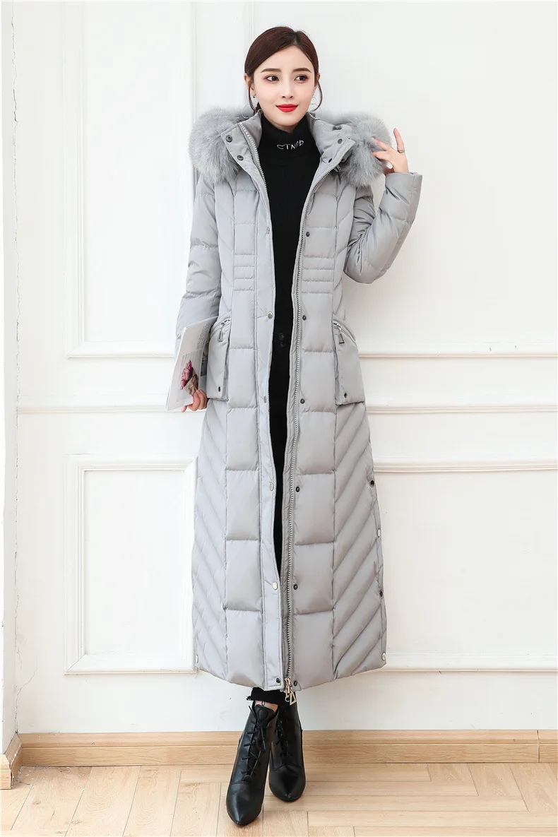 S- 4XL plus size Winter over the knee X-long 90% Duck down coat female X-Long thick warm Down Jacket real fox fur Parkas F442
