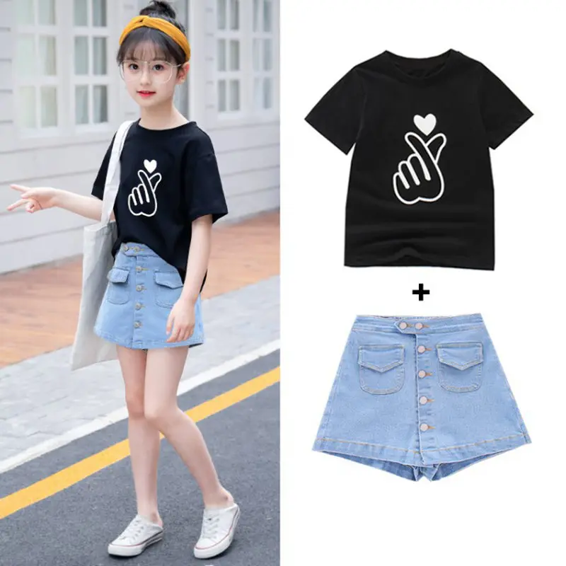 

Fashion Kids Clothes Set Summer 2021 Children White/black T-shirts and Jeans Button Shorts Denim Short Sleeve Sport Suits 8 12Y