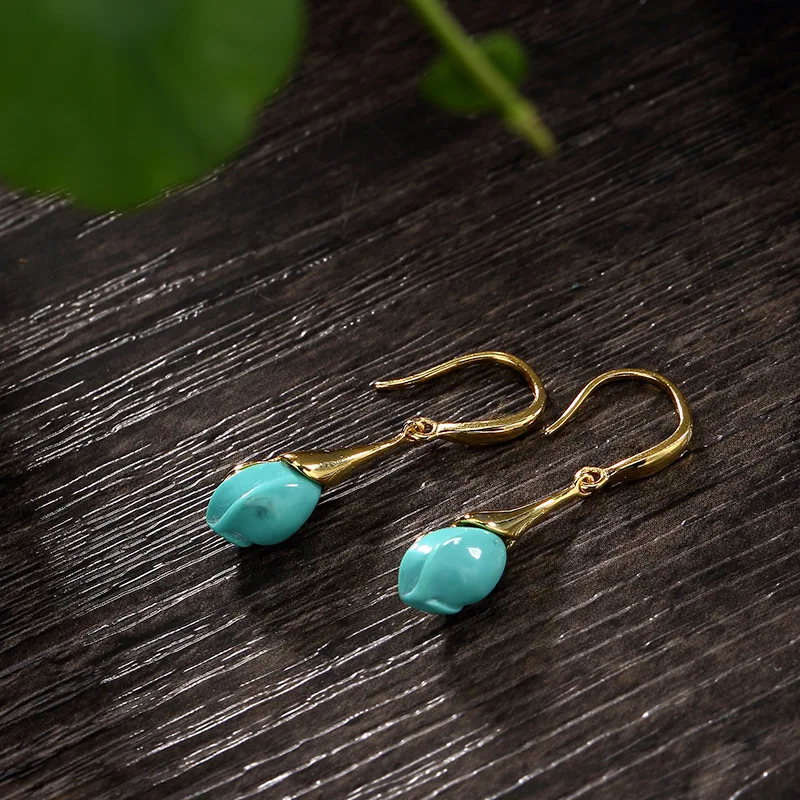 Винтаж 925 серебро натуральный камень бирюзовый вырезаны в форме цветов капли