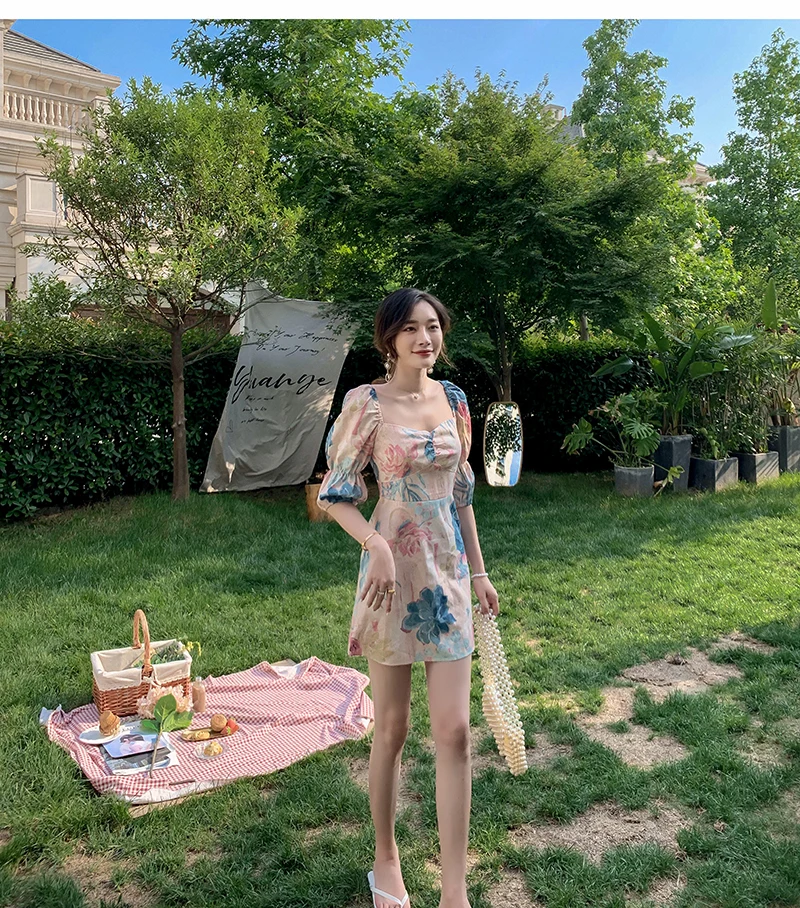 

2021 Spring Summer Square Collar Mini Dresses Woman Vintage Puff Sleeve Slim Dress All Match Floral Print Robe Elegante Vestidos