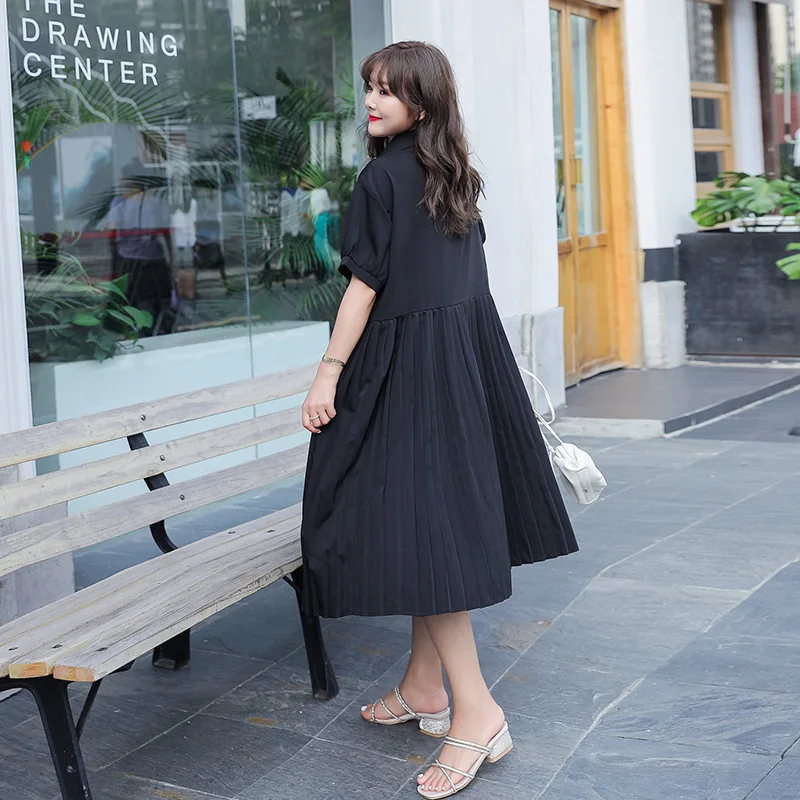 

Plus Size Summer Korean Women Shirt Dress Black Short Sleeve Casual Loose A-line Pleated Swing Dresses vestidos