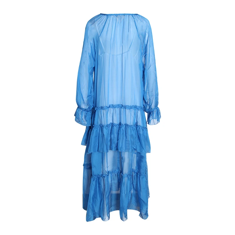 

Spring Patchwork Ruffles Women's Dresses V Neck Petal Sleeve Loose Perspective Holiday Dress Fashion Clothes Tide
