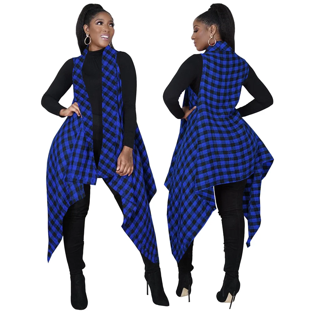 Женская длинная куртка в клетку Асимметричное пальто без рукавов с