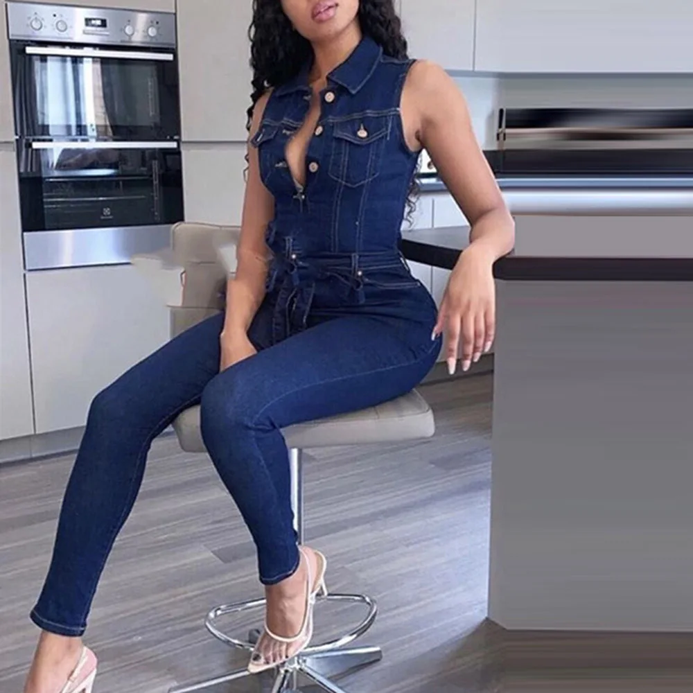 Женский джинсовый комбинезон с коротким рукавом синий Повседневный Облегающий