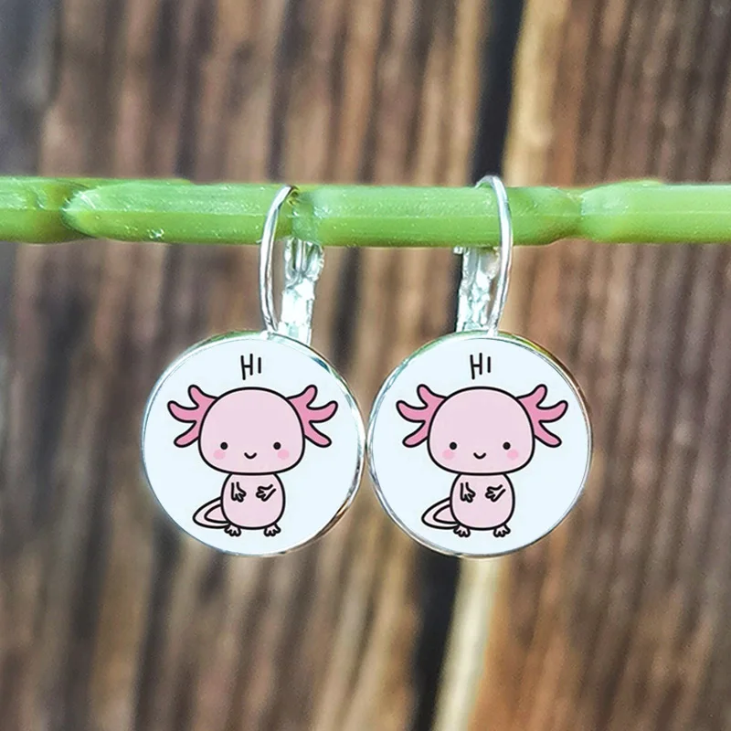 Модные Axolotl серьги милые животные мультфильм узор стекло кабошон висячие для