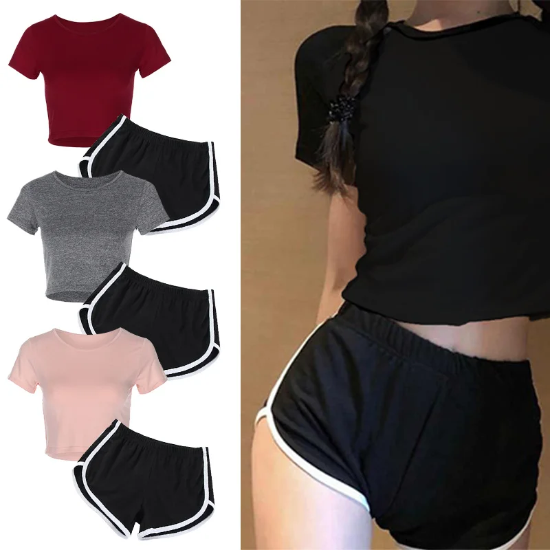 Women's 2 piece Summer Clothing Set Solid Color Crop Tops T-shirt +Shorts Fitness Sports Wear Women Outfits Ropa Mujer