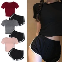 womens 2 piece summer clothing set solid color crop tops t shirt shorts fitness sports wear women outfits ropa mujer