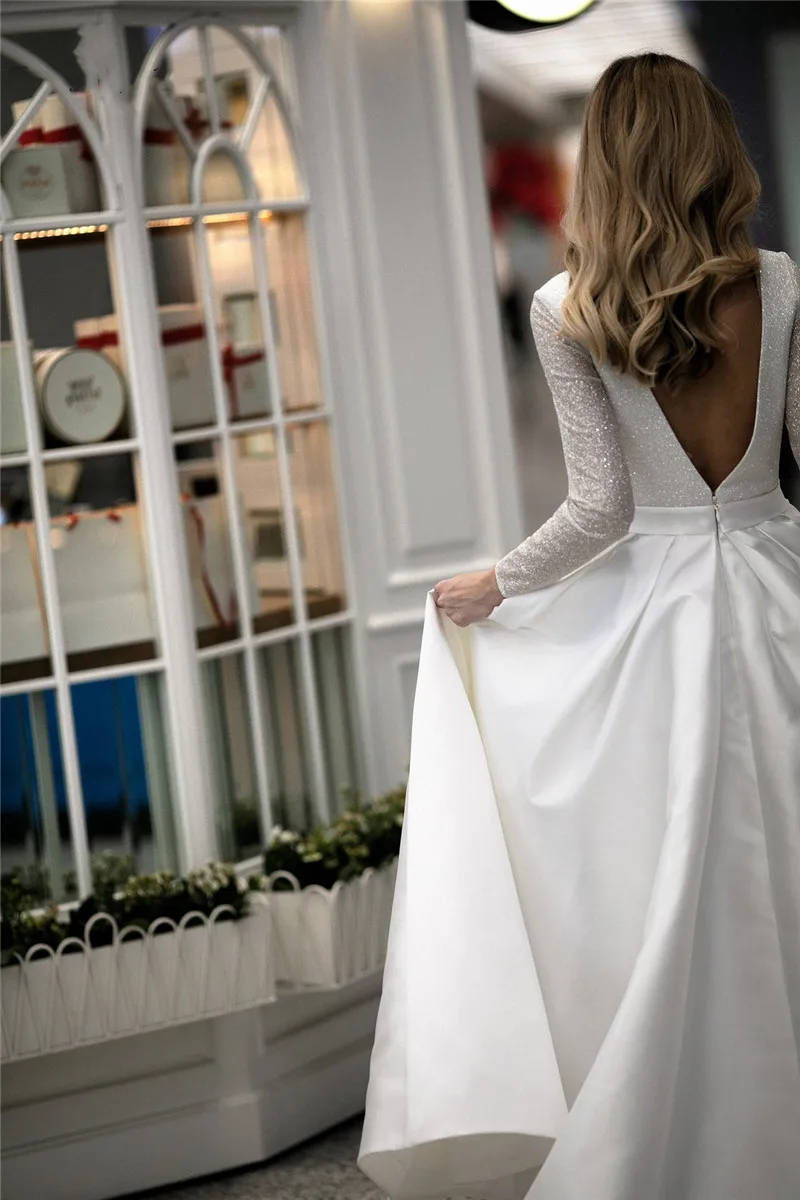 Sparkle Satin Wedding Dresses for Women V-Neck Backless Long Sleeve Bridal Gowns With Pocket Plus Size Vestido De Noiva bridesmaid dresses