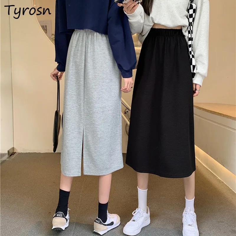 

Женская юбка до середины икры, однотонная простая универсальная уличная одежда в стиле Харадзюку с эластичным поясом и разрезом, модная пов...