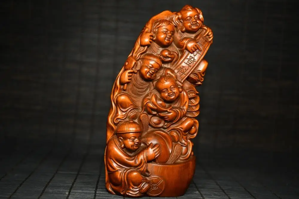 

Home Decor 6" China Collection Old Boxwood Five sons Dengke statue Carving five boys who were awarded fame Moral High School