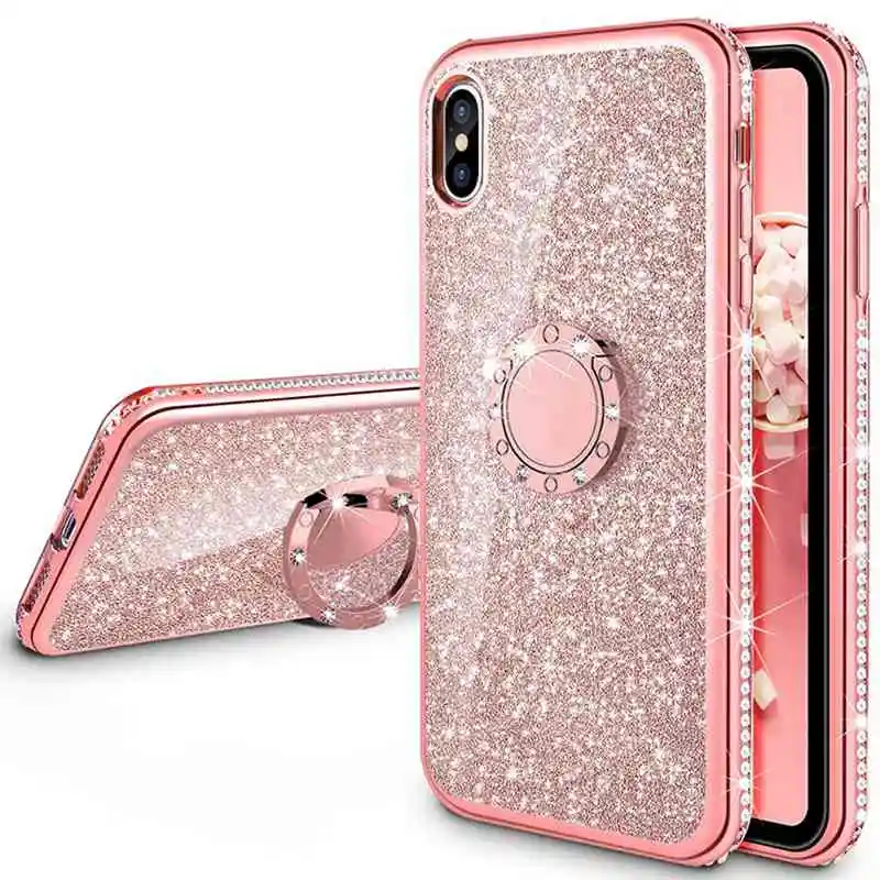 Блестящий чехол с кольцом на палец для iphone X XS MAX XR 7 8 6 6s Plus 10 блестящий мягкий