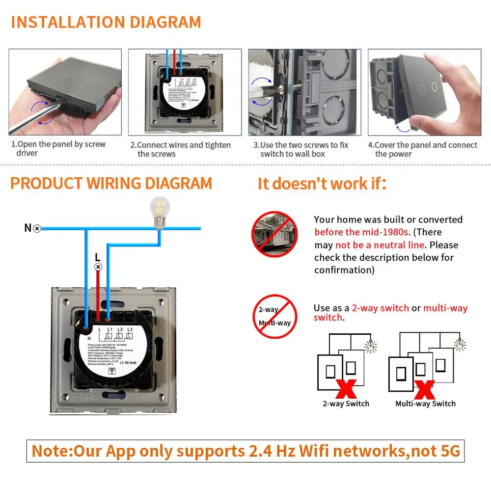Bingoelec EU/UK Стандартный WI FI Переключатель 1/2/3 1 2Way Смарт настенный выключатель с