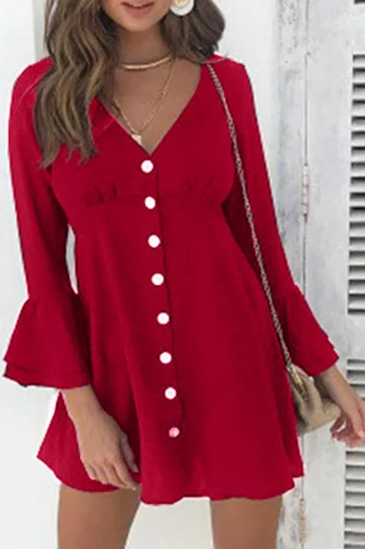 

Elegant Sexy V-neck Solid Autumn Dress women Casual Button Butterfly Sleeve Mini Dress A-line Office Ladies Dresses 2020