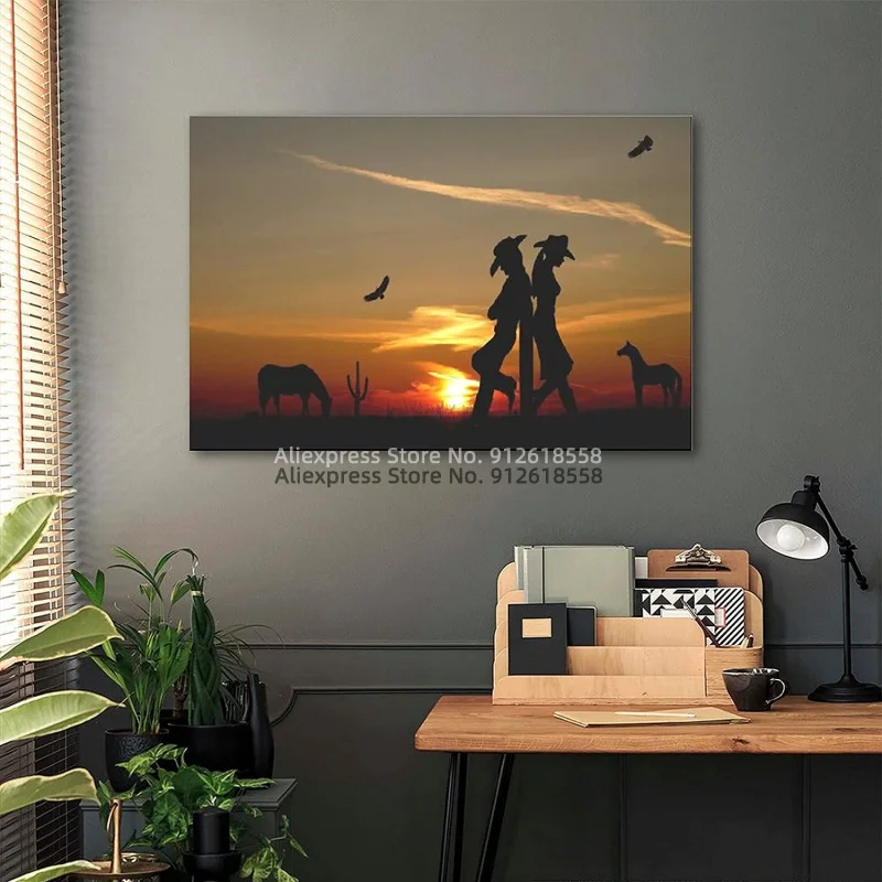Романтические плакаты силуэт Искусство Плакат Западный ковбойский Холст плакат