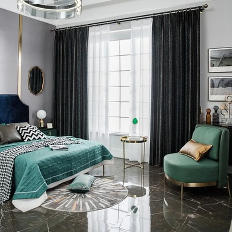 

Nordic Ins Curtains for Living Room Bedroom American Light Luxury Retro Green Fish Bone Curtains Finished Product Customization