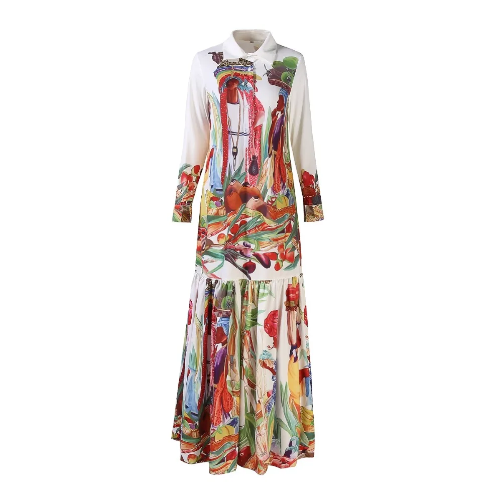 

Long Sleeve Retro Art Printed Designer Long Dress Spring Newest Fashion Runway Turn Down Collar Maxi Dress Women's