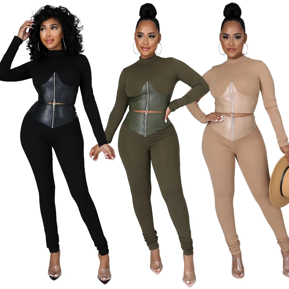 

Echoine Stand Collar Zipper Crop Top PU Leather Patchwork Tshirt Legging Pants Two Piece Set Tracksuit Skinny Bodycon Jogger Set