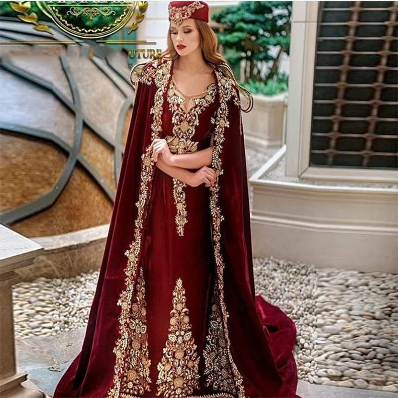 

Vintage Velour Mermaid Arabic Moroccan Kaftan Evening Dress With Shawl Burgundy Long Sleeve Lace Applique Saudi Arabia Prom Gown