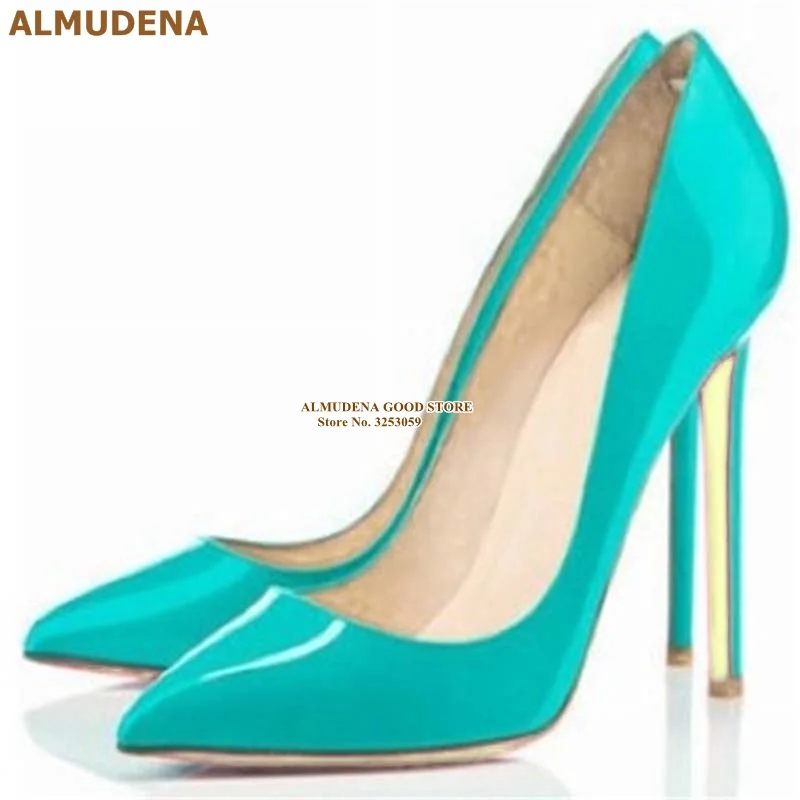 ALMUDENA/брендовые туфли-лодочки на шпильке 12, 10, 8 см модельные туфли из лакированной кожи дизайнерские свадебные туфли с острым носком на тонком каблуке размер 45