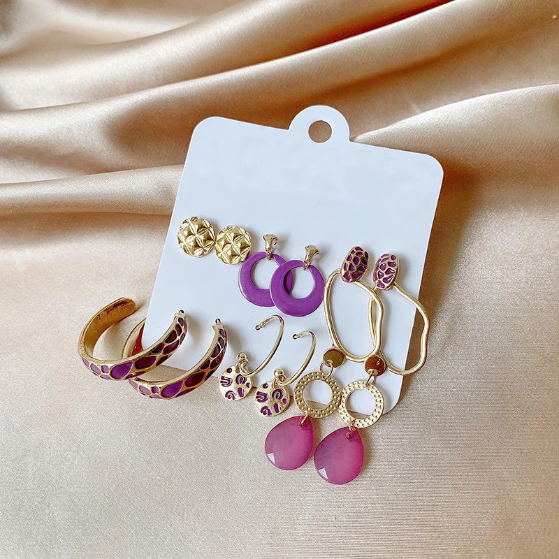 

Hot Sold New Elegant Set Women's Earrings Bohemian Oil Drop Geometric Tassel Earrings Fashion Jewelry 6 Pairs Hoop Earrings