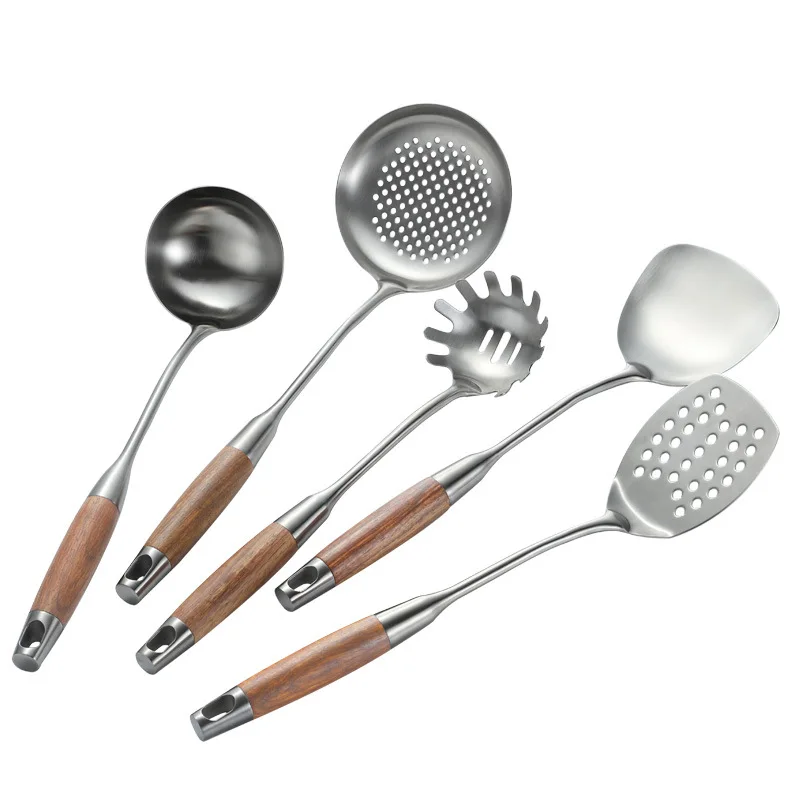 

5pcs 304 Stainless Steel Rosewood Spatula Cooking Spatula Kitchen Cooking Spoon Shovel Kitchenware Set Soup Spoon Colander Kit