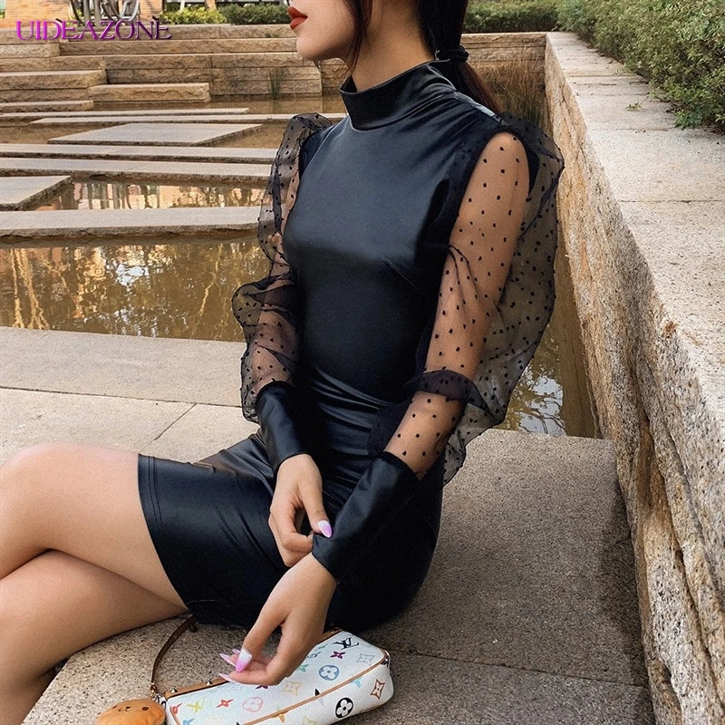 Готическое мини платье из искусственной кожи в стиле пэчворк прозрачное